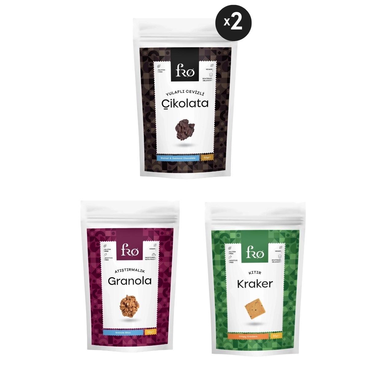 FRO 4’lü Glutensiz Vegan Katkısız Sağlıklı Atıştırmalık Kraker, Yulaflı Cevizli Çikolata, Granola