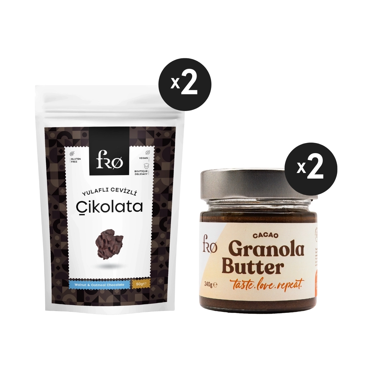 FRO 4’lü 2 x Granola Butter Cacao Sürülebilir 2 x Yulaflı Cevizli Çikolata Sağlıklı Atıştırmalık