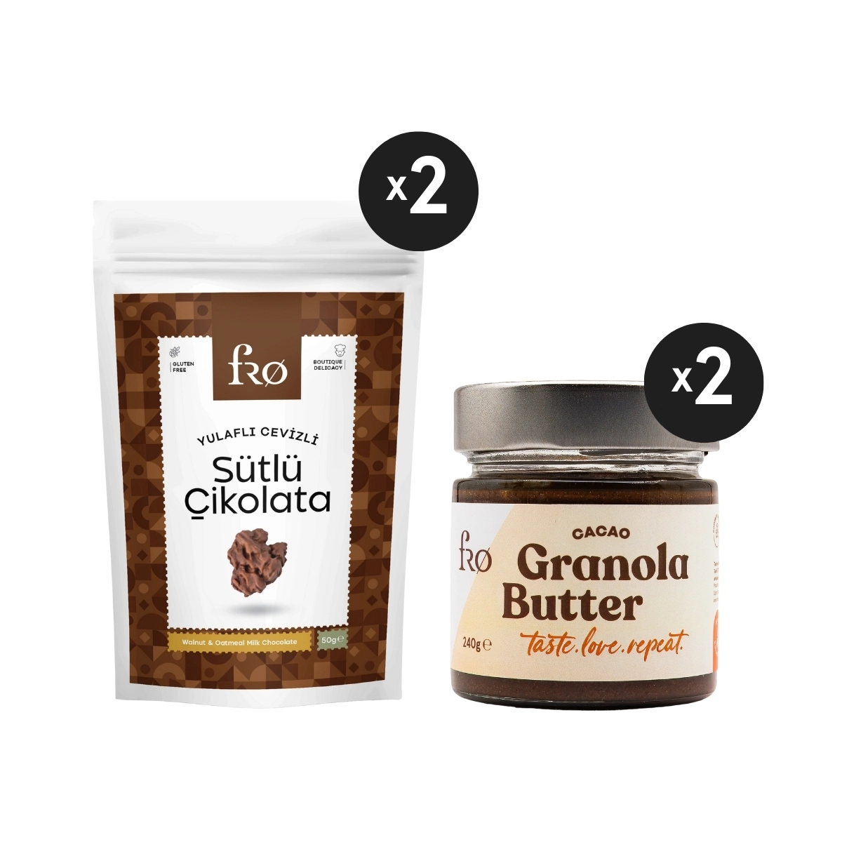 FRO 4’lü 2 x Granola Butter Cacao Sürülebilir 2 x Yulaflı Cevizli Sütlü Çikolata Sağlıklı Atıştırmalık