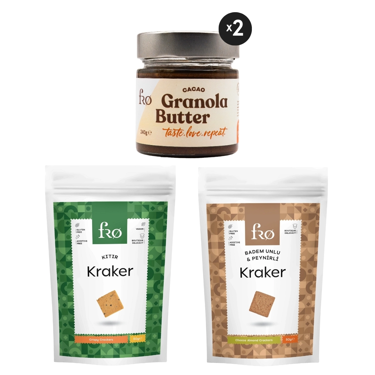 FRO 4’lü - 2x Granola Butter Cacao, Kıtır Kraker, Badem Unlu Peynirli Kraker Paketi Sağlıklı Atıştırmalık