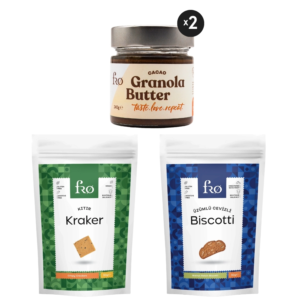 FRO 4’lü 2 x Granola Butter Cacao, Kıtır Kraker, Üzümlü Cevizli Biscotti Seti Sağlıklı Atıştırmalık