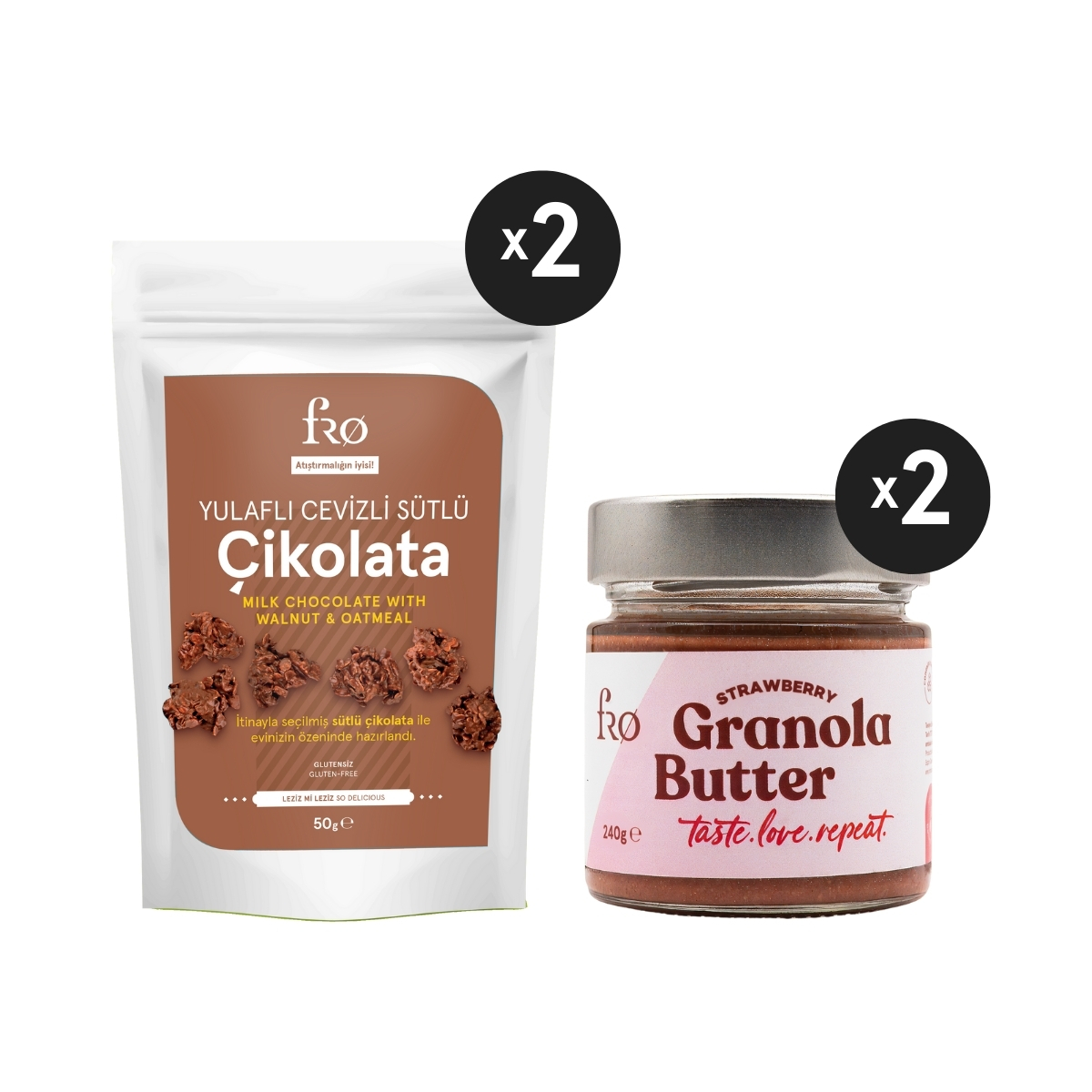 FRO%202%20x%20Granola%20Butter%20Çilek%20Sağlıklı%20Kahvaltılık%202%20x%20Yulaflı%20Cevizli%20Sütlü%20Çikolata%20Glutensiz%20Atıştırmalık