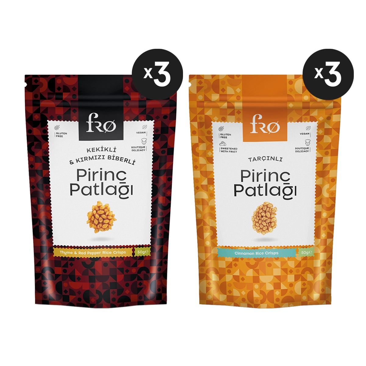 FRO 6’LI Pirinç Patlağı; Tarçınlı Pirinç Patlağı x 3 Adet + Kekikli Kırmızı Biberli Pirinç Patlağı x 3 Adet