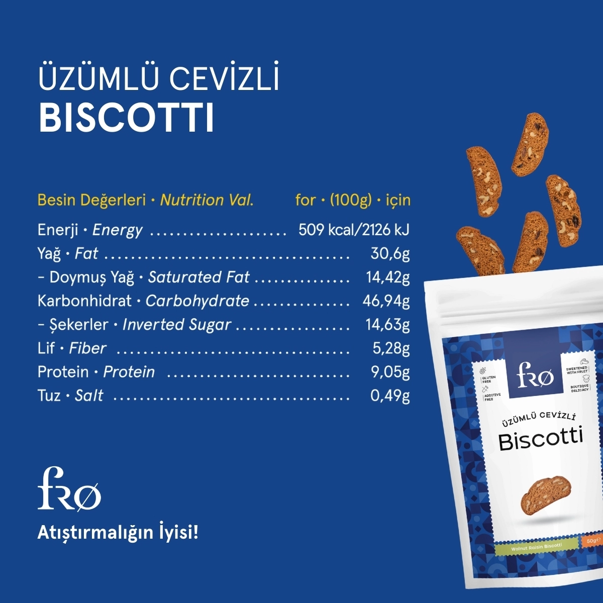 FRO 3’li Üzümlü Cevizli Biscotti Kurabiye Sağlıklı Atıştırmalık Lif Kaynağı 3x50gr