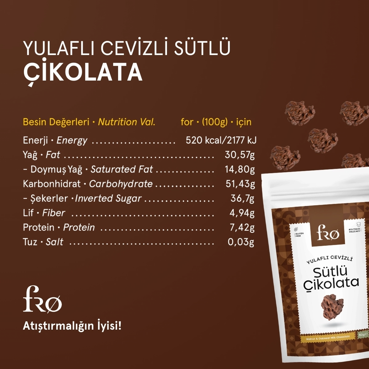 FRO 4’lü 2 x Granola Butter Cacao Sürülebilir 2 x Yulaflı Cevizli Sütlü Çikolata Sağlıklı Atıştırmalık