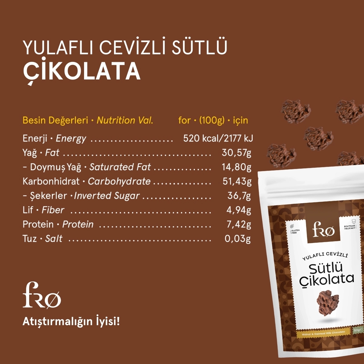 FRO Yulaflı Cevizli Sütlü Çikolata Glutensiz Sağlıklı Atıştırmalık 50gr