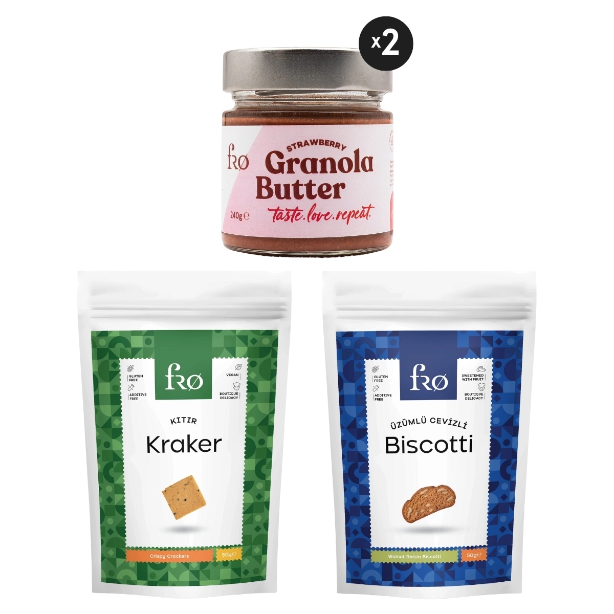 FRO 4’lü 2 x Granola Butter Çilek, Kıtır Kraker, Üzümlü Cevizli Biscotti Seti Sağlıklı Atıştırmalık