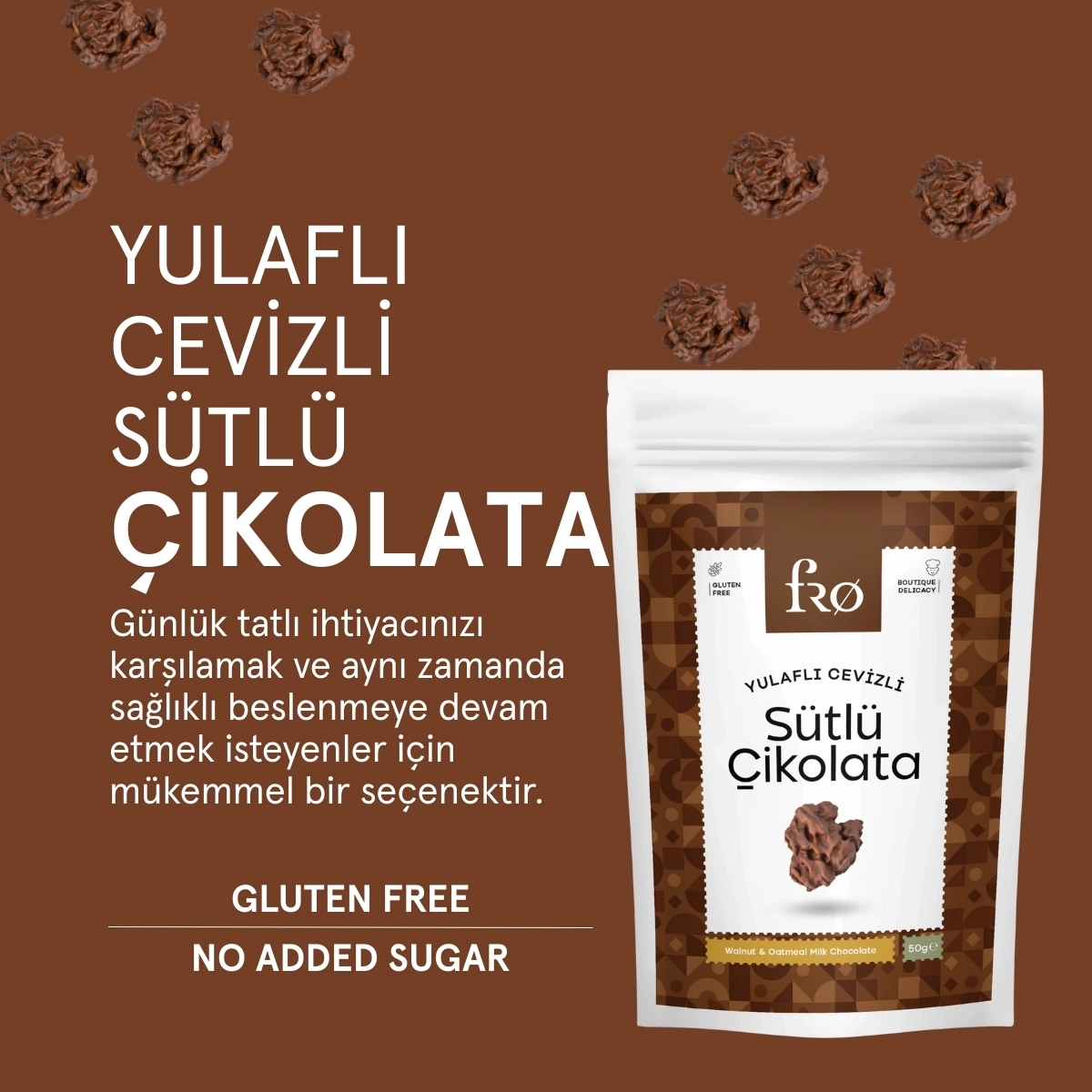 FRO 5’lü Yulaflı Cevizli Sütlü Çikolata Glutensiz Sağlıklı Atıştırmalık 5x50gr