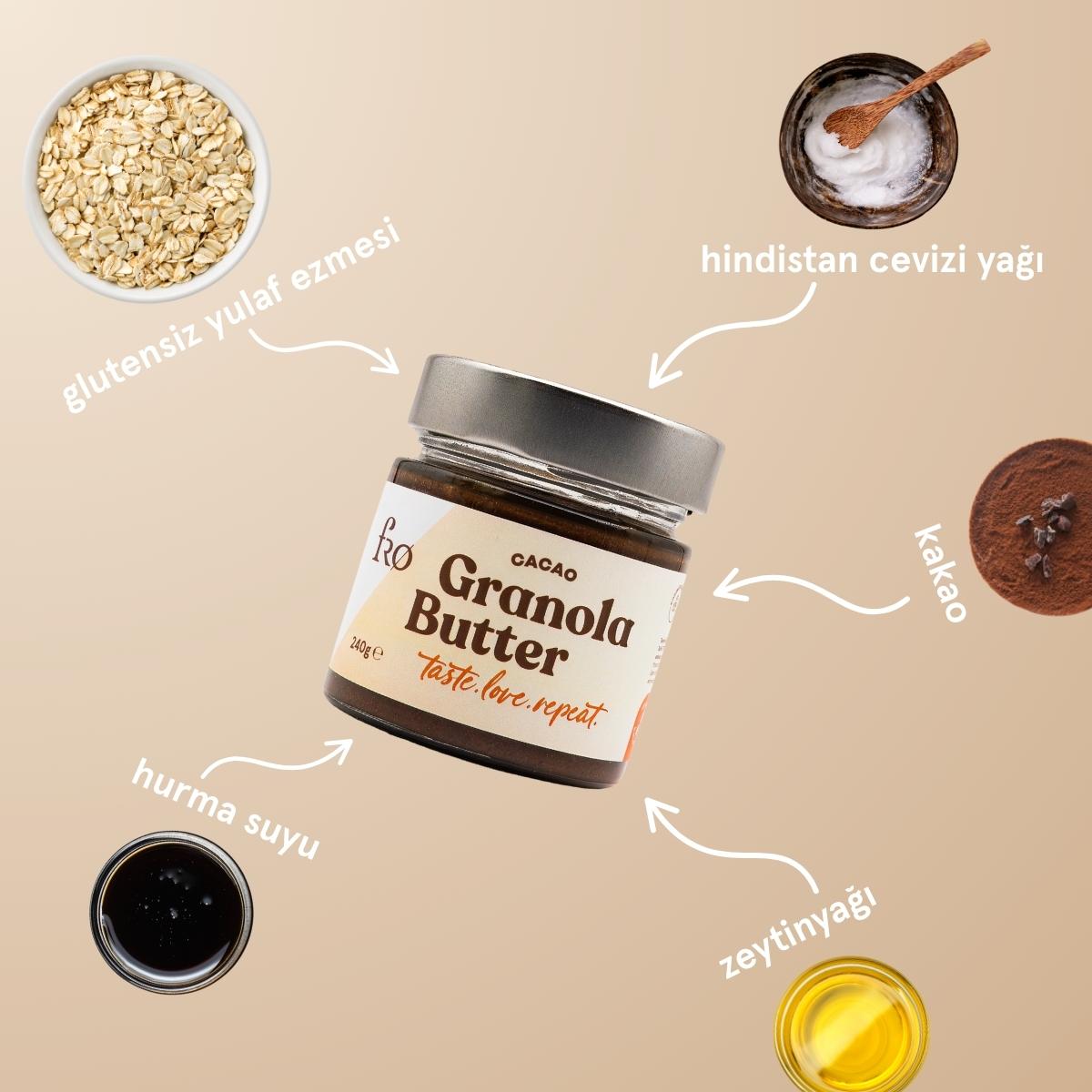 FRO 4’lü 2 x Granola Butter Cacao, Atıştırmalık Granola, Üzümlü Cevizli Biscotti Seti Sağlıklı Atıştırmalık
