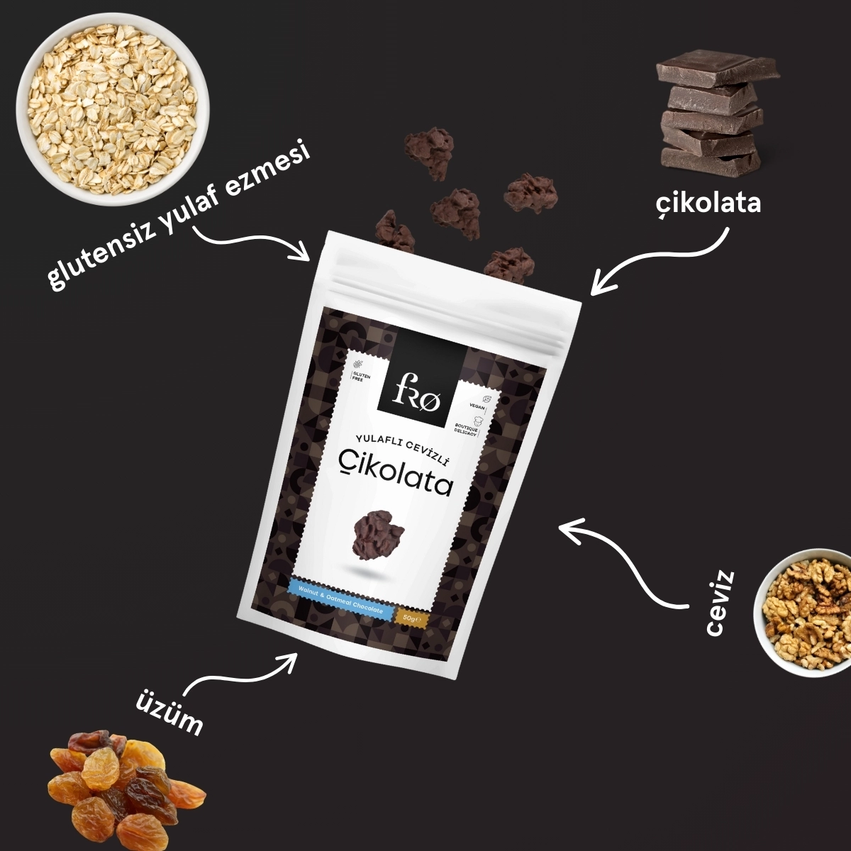 FRO 3’lü Paket Yulaflı Cevizli Çikolata Vegan Glutensiz Şekersiz Sağlıklı Atıştırmalık 3x50gr