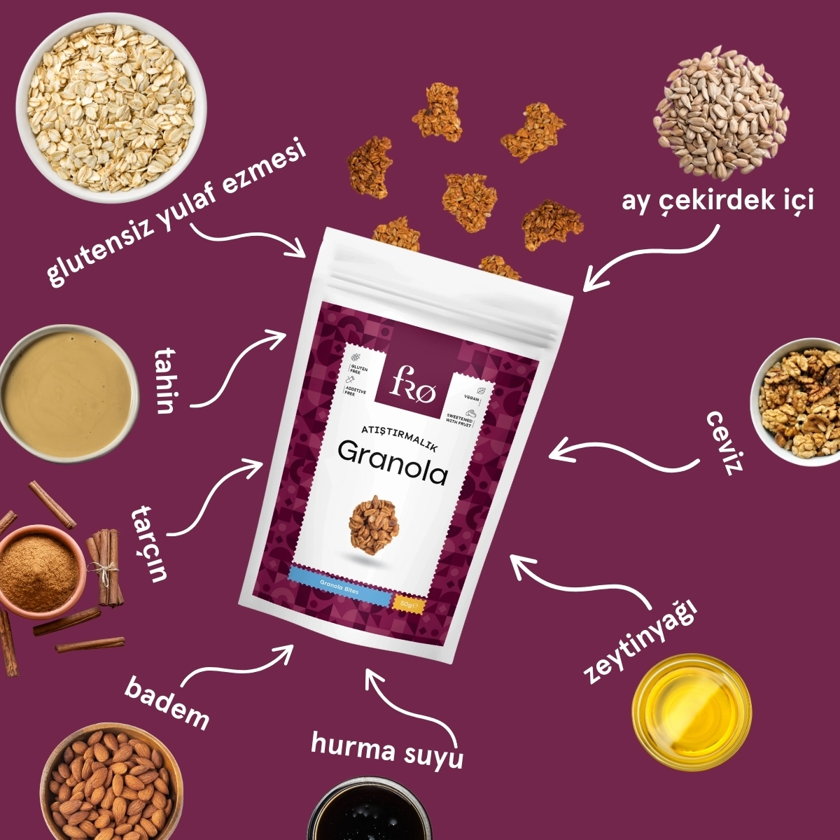 FRO 4’lü 2 x Granola Butter Cacao, Atıştırmalık Granola, Üzümlü Cevizli Biscotti Seti Sağlıklı Atıştırmalık