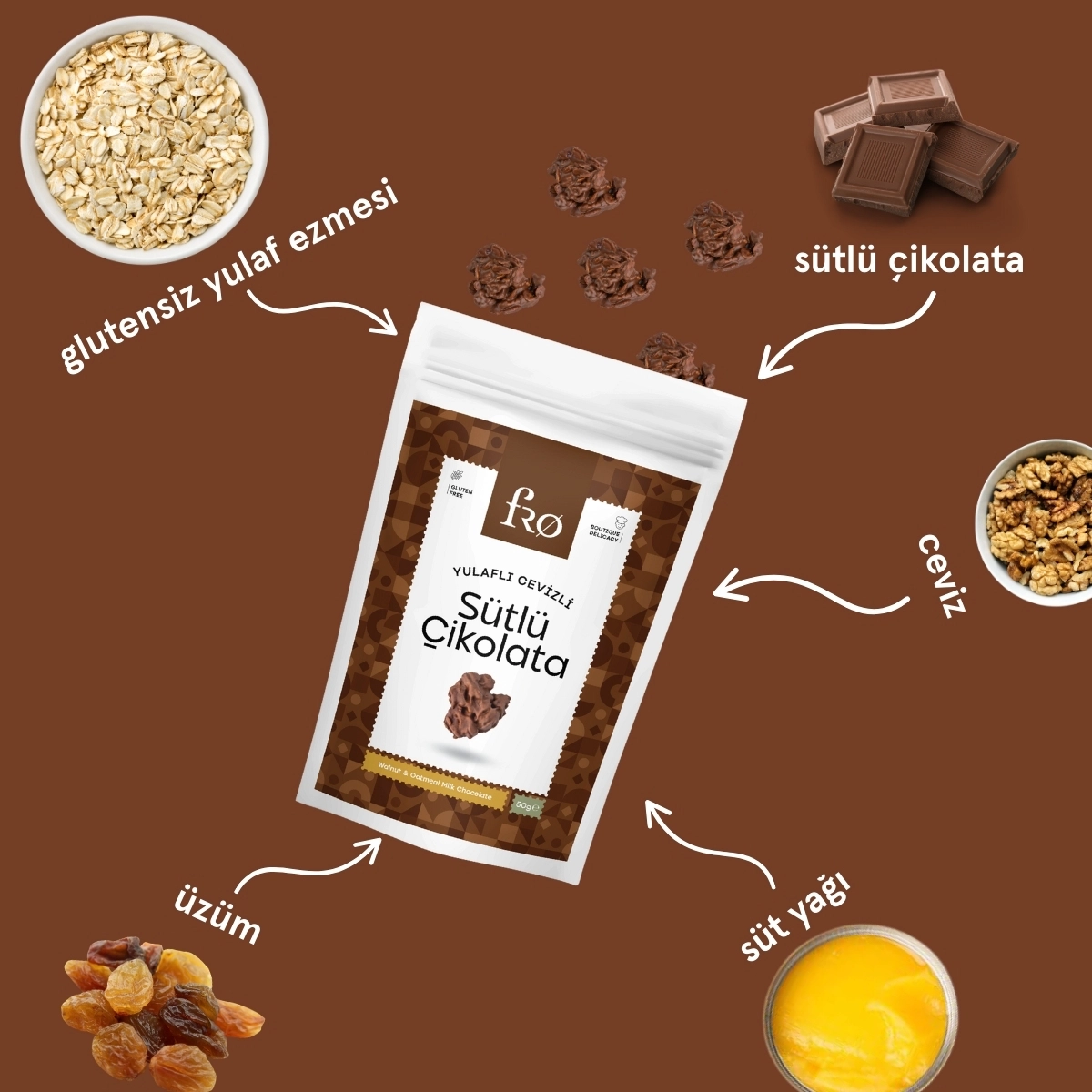 FRO Yulaflı Cevizli Sütlü Çikolata Glutensiz Sağlıklı Atıştırmalık 50gr