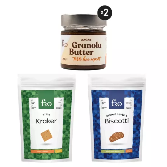 FRO 4’lü 2 x Granola Butter Cacao, Kıtır Kraker, Üzümlü Cevizli Biscotti Seti Sağlıklı Atıştırmalık