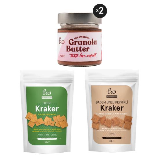 FRO 4’lü - 2x Granola Butter Çilek, Kıtır Kraker, Badem Unlu Peynirli Kraker Paketi Sağlıklı Atıştırmalık