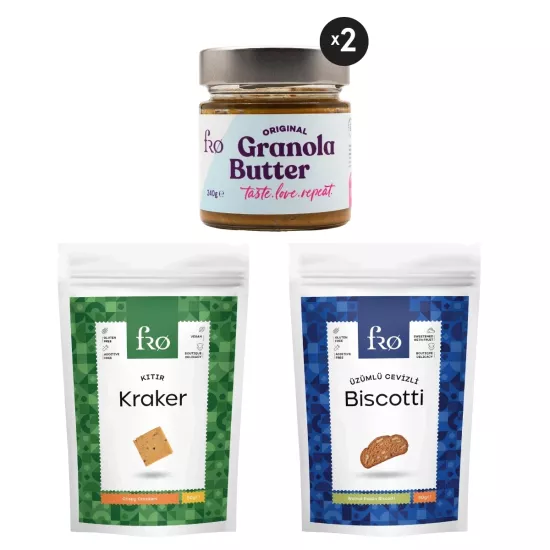 FRO 4’lü 2 x Granola Butter Original, Kıtır Kraker, Üzümlü Cevizli Biscotti Paketi Sağlıklı Atıştırmalık