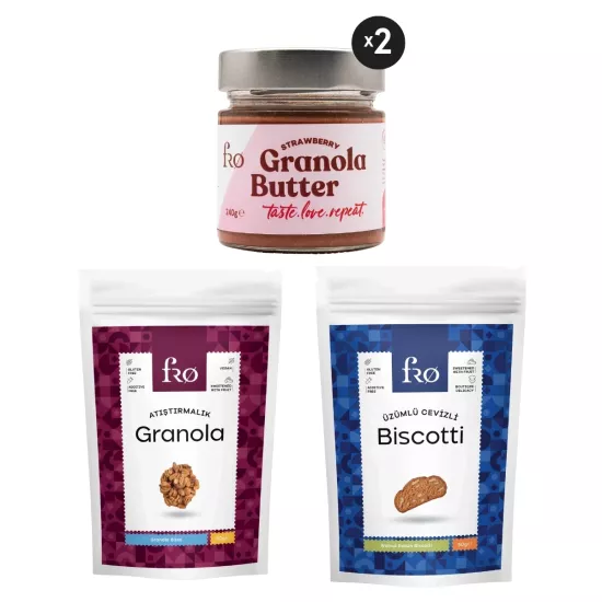 FRO 4’lü 2 x Granola Butter Çilek, Atıştırmalık Granola, Üzümlü Cevizli Biscotti Seti Sağlıklı Atıştırmalık