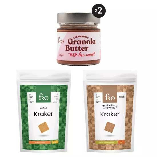 FRO 4’lü - 2x Granola Butter Çilek, Kıtır Kraker, Badem Unlu Peynirli Kraker Paketi Sağlıklı Atıştırmalık