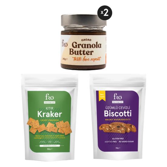 FRO 4’lü 2 x Granola Butter Cacao, Kıtır Kraker, Üzümlü Cevizli Biscotti Seti Sağlıklı Atıştırmalık