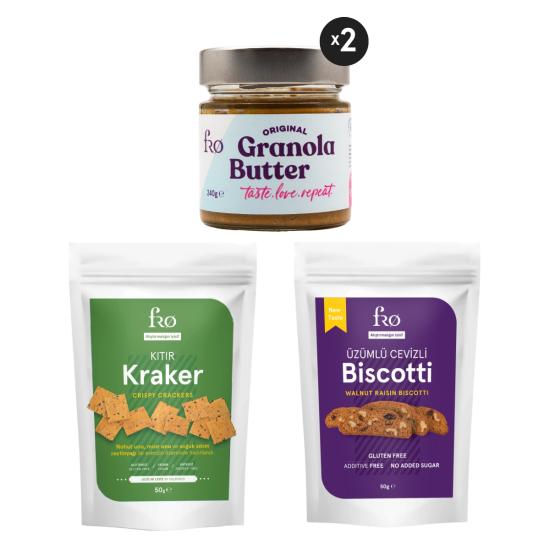 FRO 4’lü 2 x Granola Butter Original, Kıtır Kraker, Üzümlü Cevizli Biscotti Paketi Sağlıklı Atıştırmalık