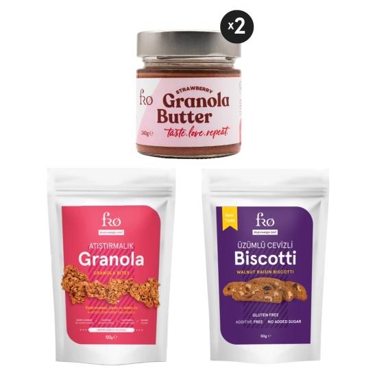 FRO 4’lü 2 x Granola Butter Çilek, Atıştırmalık Granola, Üzümlü Cevizli Biscotti Seti Sağlıklı Atıştırmalık