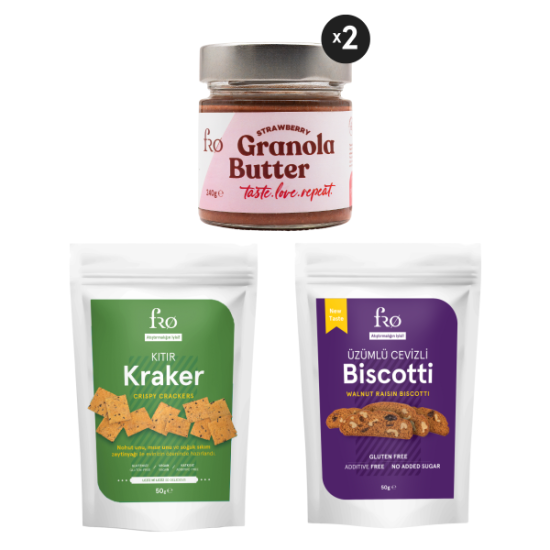 FRO 4’lü 2 x Granola Butter Çilek, Kıtır Kraker, Üzümlü Cevizli Biscotti Seti Sağlıklı Atıştırmalık