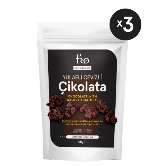 FRO 3’lü Paket Yulaflı Cevizli Çikolata Vegan Glutensiz Şekersiz Sağlıklı Atıştırmalık 3x50gr