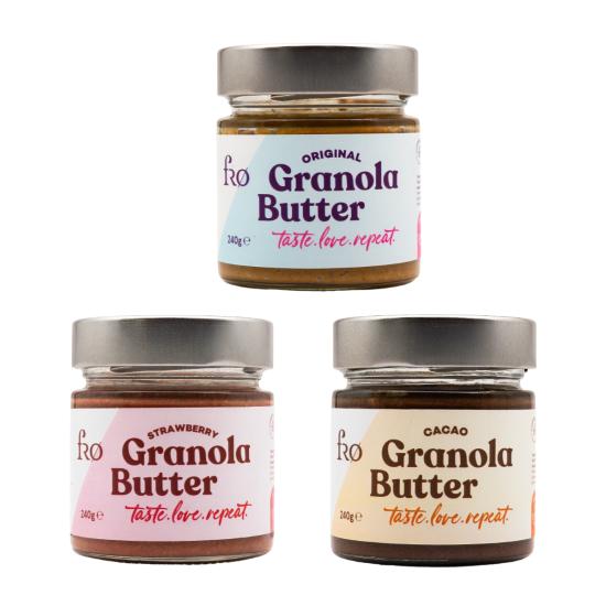 FRO 3’lü Granola Butter Çilek ve Granola Butter Original ve Granola butter Cacao Glutensiz Şekersiz Vegan Sürülebilir Kahvaltılık 3x250gr