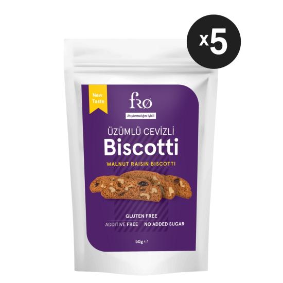 FRO 5’li Üzümlü Cevizli Biscotti Kurabiye Sağlıklı Atıştırmalık Lif Kaynağı 5x50gr