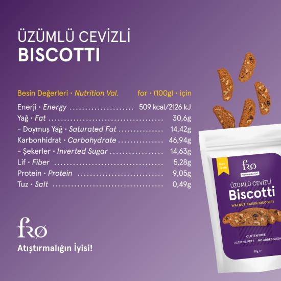 FRO 5’li Üzümlü Cevizli Biscotti Kurabiye Sağlıklı Atıştırmalık Lif Kaynağı 5x50gr