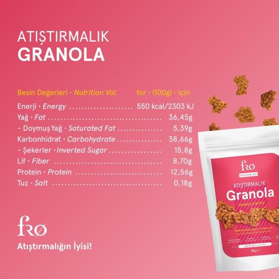 FRO 5li Atıştırmalık Granola Vegan Glutensiz Şekersiz Atıştırmalık Sağlıklı Katkısız Granola 5x50gr