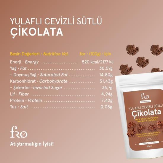 FRO 5’lü Yulaflı Cevizli Sütlü Çikolata Glutensiz Sağlıklı Atıştırmalık 5x50gr