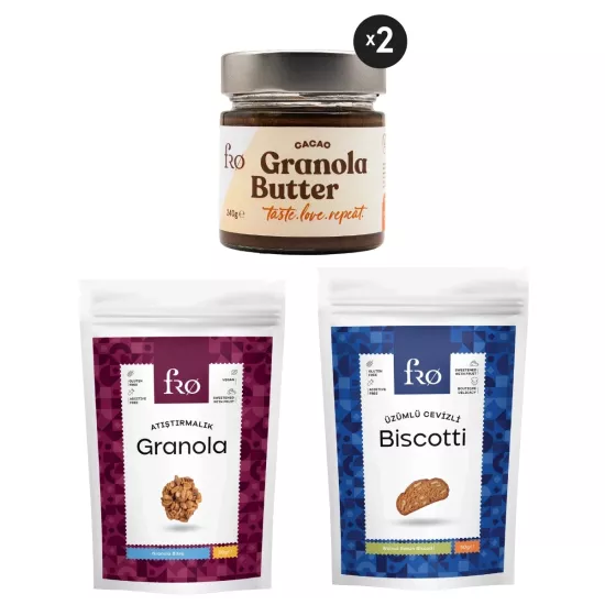 FRO 4’lü 2 x Granola Butter Cacao, Atıştırmalık Granola, Üzümlü Cevizli Biscotti Seti Sağlıklı Atıştırmalık