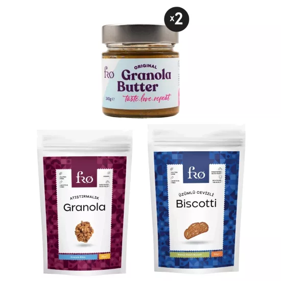 FRO 4’lü 2 x Granola Butter Original, Atıştırmalık Granola, Üzümlü Cevizli Biscotti Seti Sağlıklı Atıştırmalık