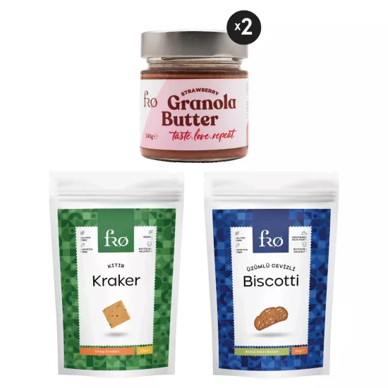 FRO 4’lü 2 x Granola Butter Çilek, Kıtır Kraker, Üzümlü Cevizli Biscotti Seti Sağlıklı Atıştırmalık