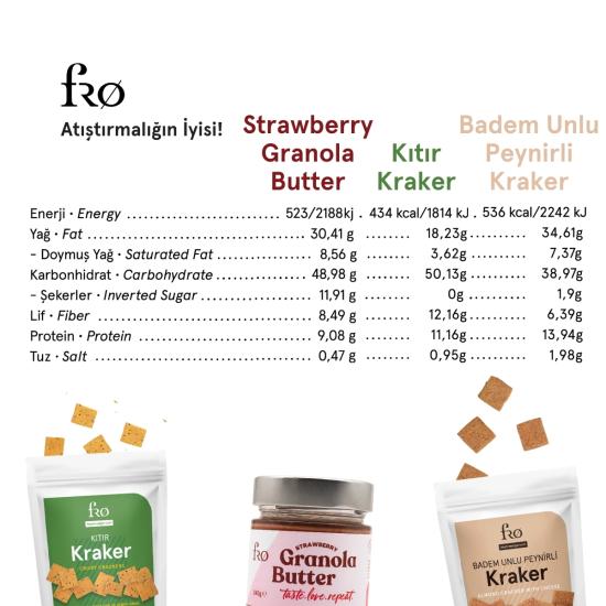 FRO 4’lü - 2x Granola Butter Çilek, Kıtır Kraker, Badem Unlu Peynirli Kraker Paketi Sağlıklı Atıştırmalık