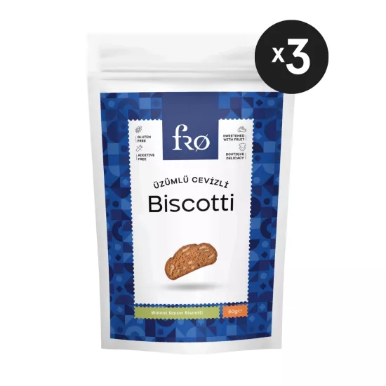 FRO 3’li Üzümlü Cevizli Biscotti Kurabiye Sağlıklı Atıştırmalık Lif Kaynağı 3x50gr