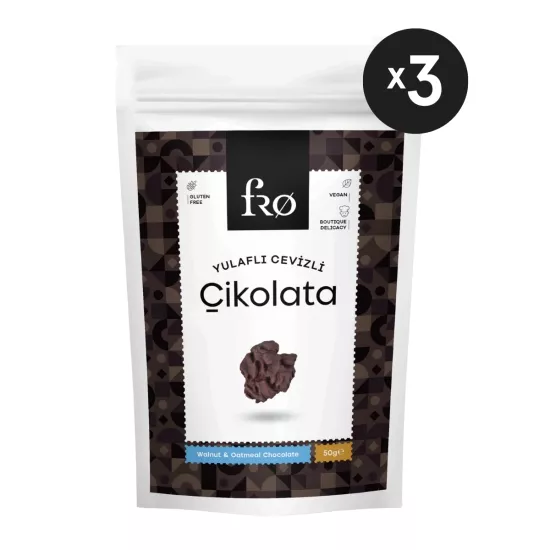 FRO 3’lü Paket Yulaflı Cevizli Çikolata Vegan Glutensiz Şekersiz Sağlıklı Atıştırmalık 3x50gr