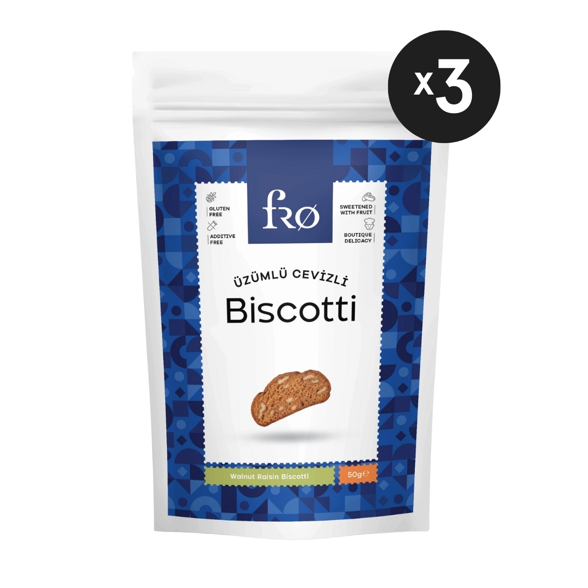 FRO 3’li Üzümlü Cevizli Biscotti Kurabiye Sağlıklı Atıştırmalık Lif Kaynağı 3x50gr