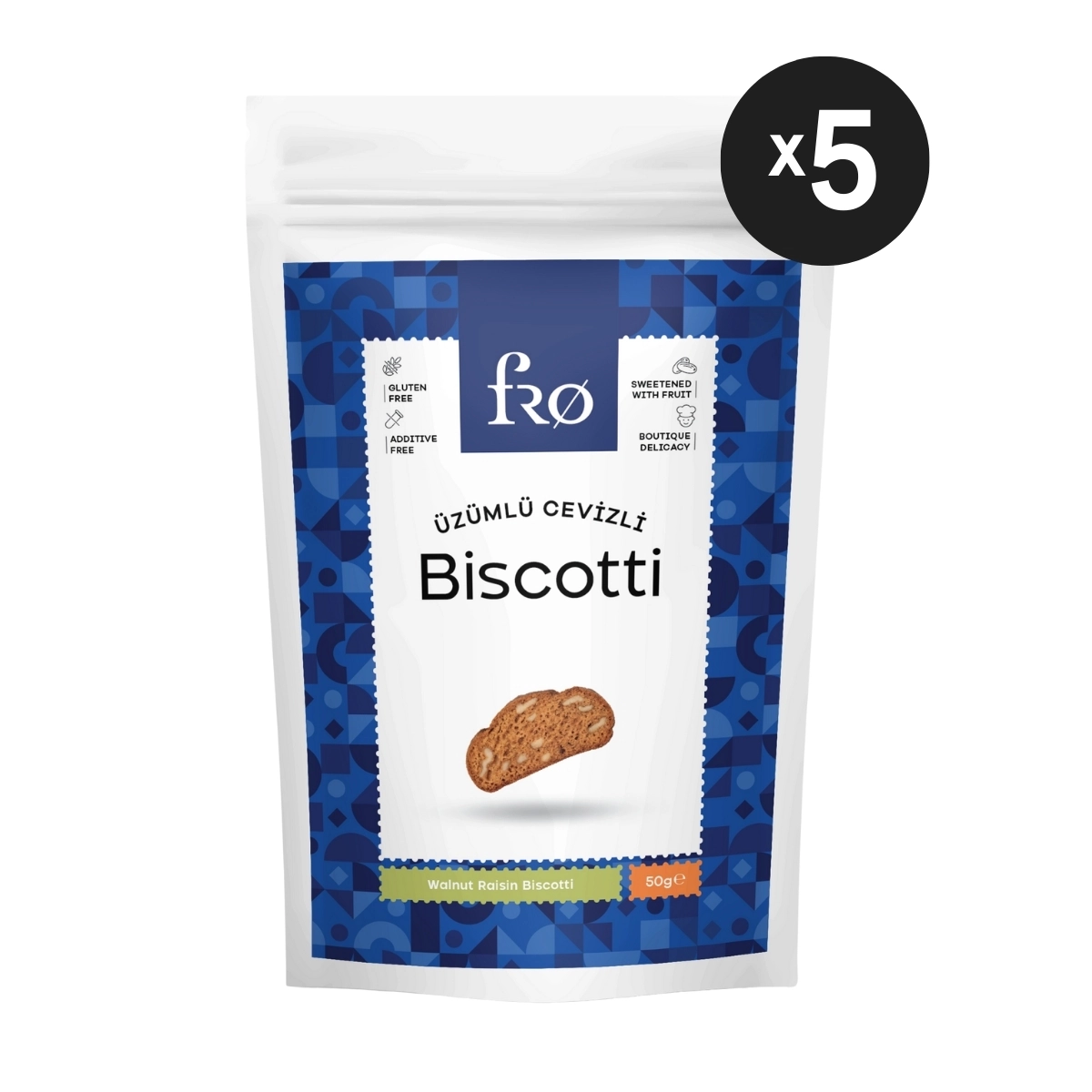 FRO 5’li Üzümlü Cevizli Biscotti Kurabiye Sağlıklı Atıştırmalık Lif Kaynağı 5x50gr