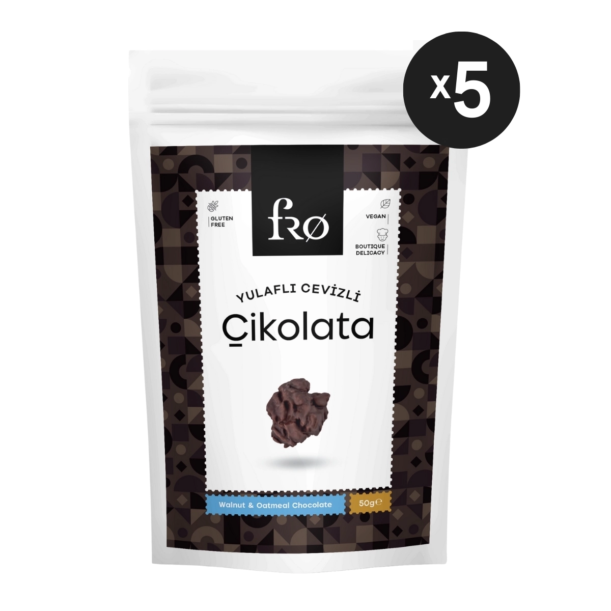 FRO 5’li Yulaflı Cevizli Çikolata Sağlıklı Atıştırmalık Doğal Glutensiz Vegan Şekersiz Tatlı 5x50gr