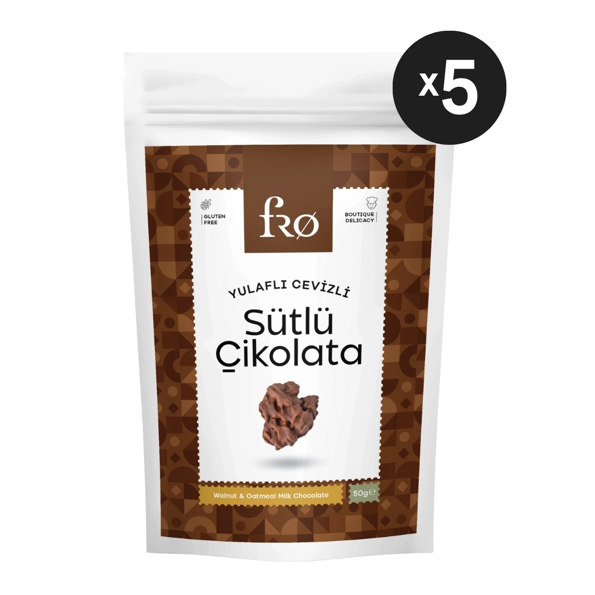 FRO 5’lü Yulaflı Cevizli Sütlü Çikolata Glutensiz Sağlıklı Atıştırmalık 5x50gr